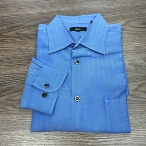 Hugo Boss Blue Herringbone Dress Shirt 16 34/35